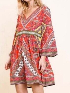 Umgee Coral Paisley V-Neck Empire Waist Long Sleeve Dress